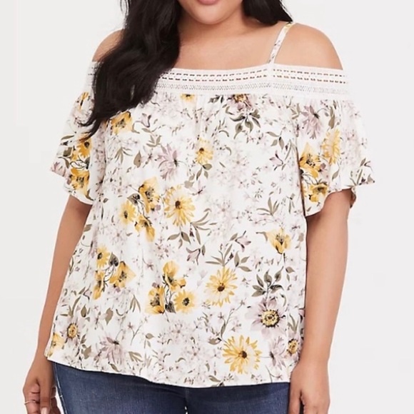 torrid Tops - Torrid Stretch Challis Crochet Yellow Floral Off Shoulder Top Size 4X